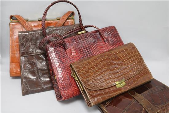 Four various crocodile handbags from 1930s-1960s and a red snake skin bag